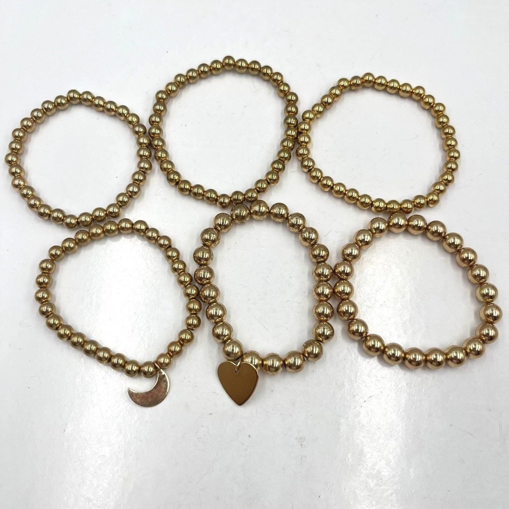 Vintage Boho Gold Beaded Stretch‎ Bracelet Set Heart & Moon Charms 6-Piece Lot